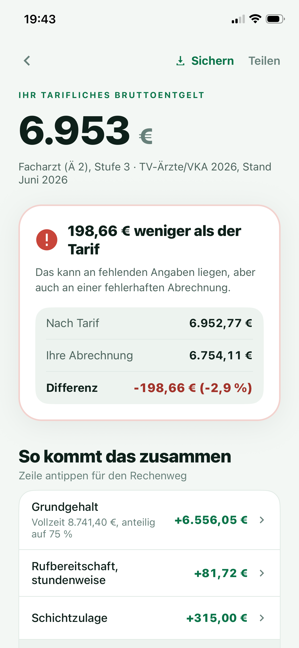 Die Ergebnisseite von DocTarif mit dem tariflichen Bruttoentgelt und dem Vergleich zur Abrechnung